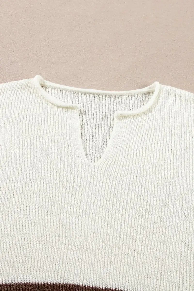 Women's Cropped Sweater - Brown Striped V-Neck - Trendy & Comfy