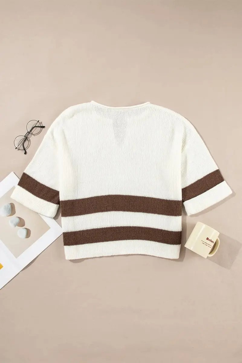 Women's Cropped Sweater - Brown Striped V-Neck - Trendy & Comfy