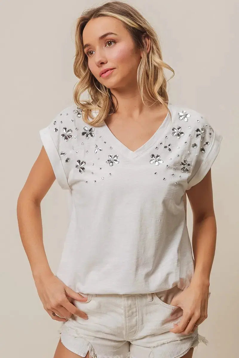 Women's Top - Slub Rhinestone V-Neck - Comfy Fit