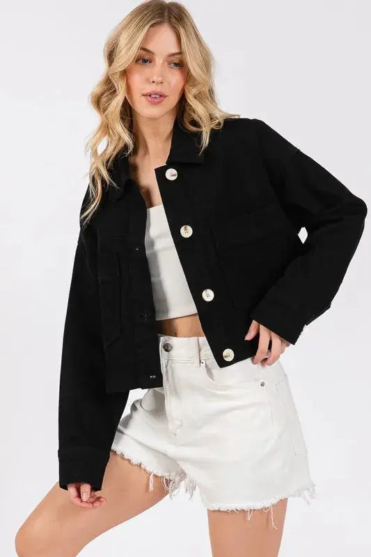 Denim Jacket - Cropped Black Wash Button Down - Women's