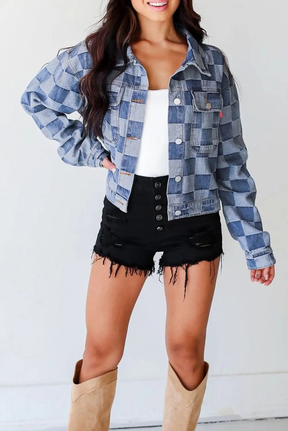 Love Salve Denim Jacket Women's Daily Wear Checkered Patchwork Button-Up Casual Spring
