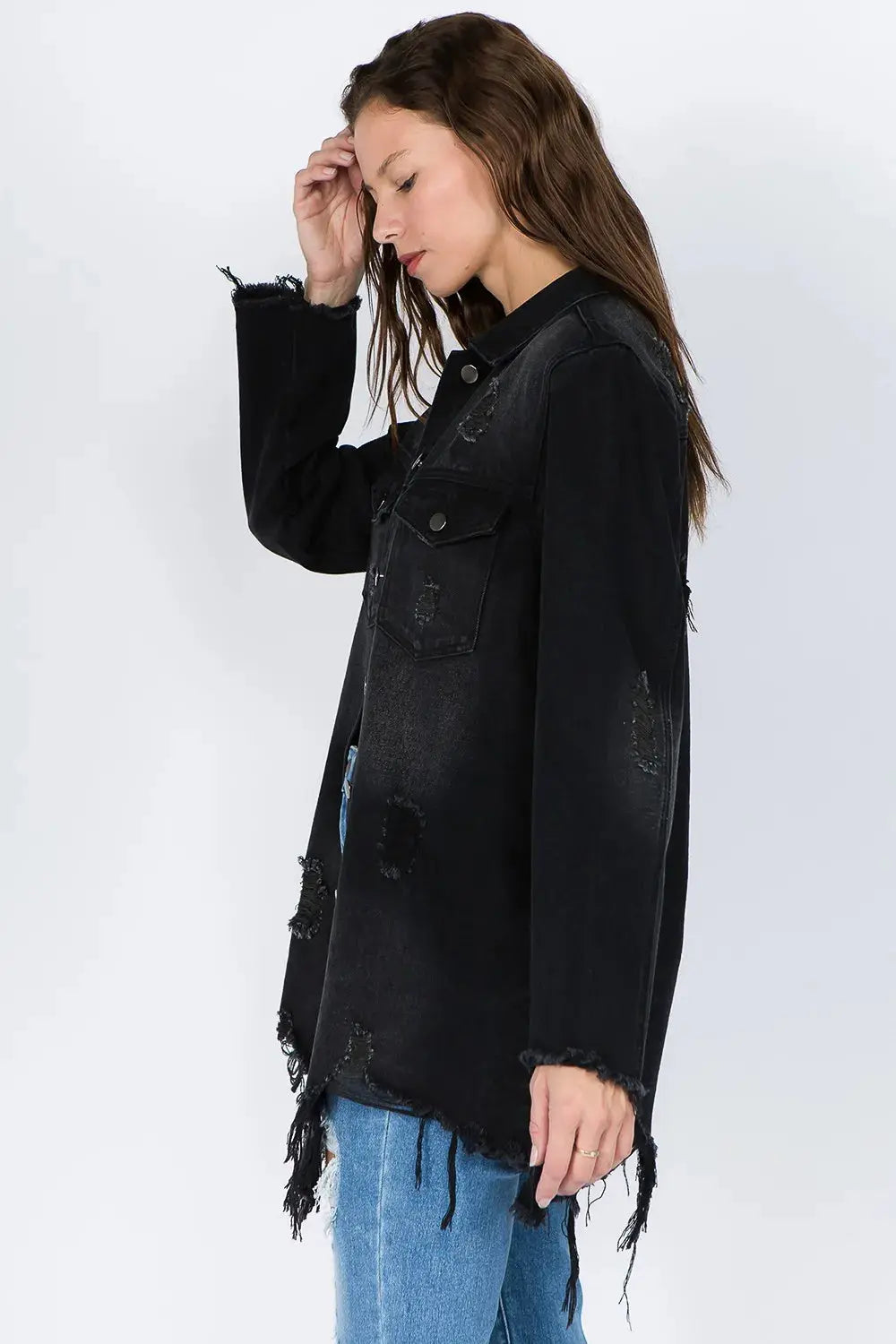 Denim Jacket - Distressed Frayed Hem - Edgy Casual Style