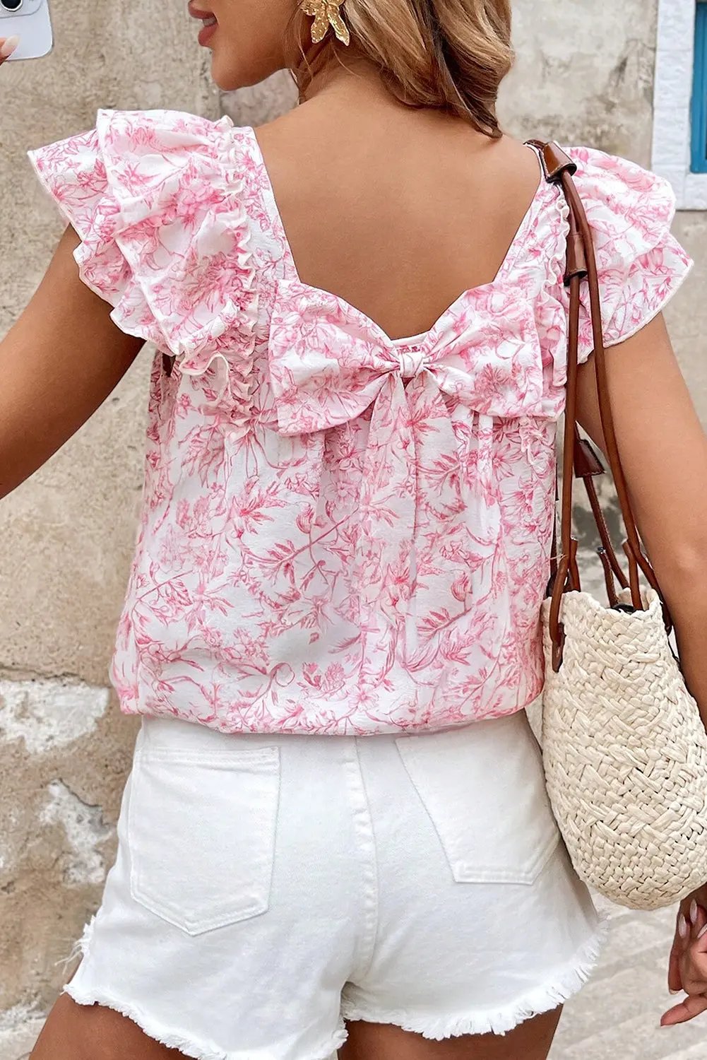 Love Salve Pink Floral Blouse Daily/Vacation Women's Top Ruffle Sleeve Bow Back