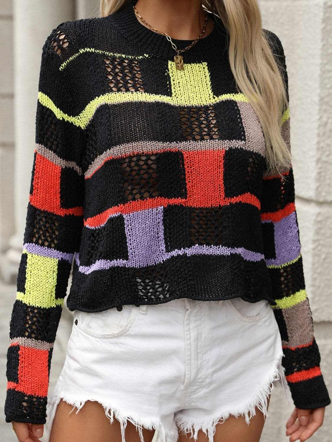 Trendsi Colorful crochet round neck pullover