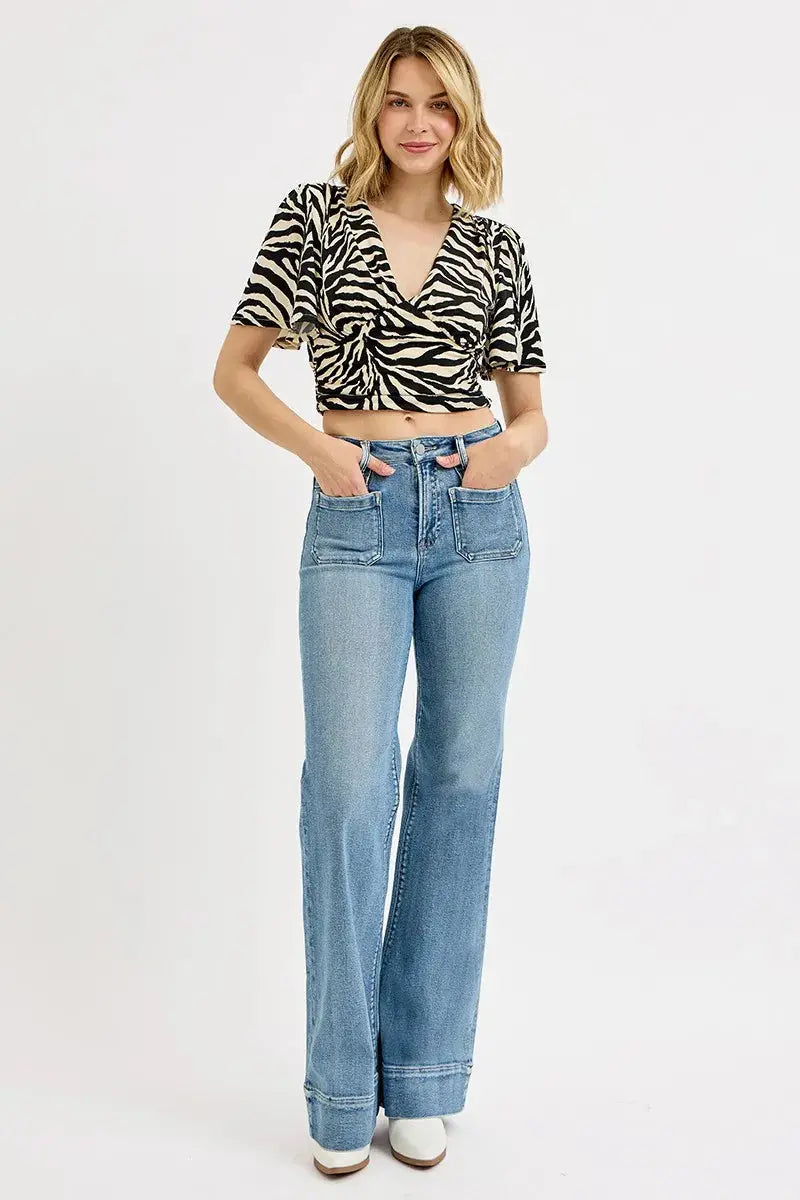 Jeans - High Rise Plus Size Patch Pocket - Wide Flare Denim
