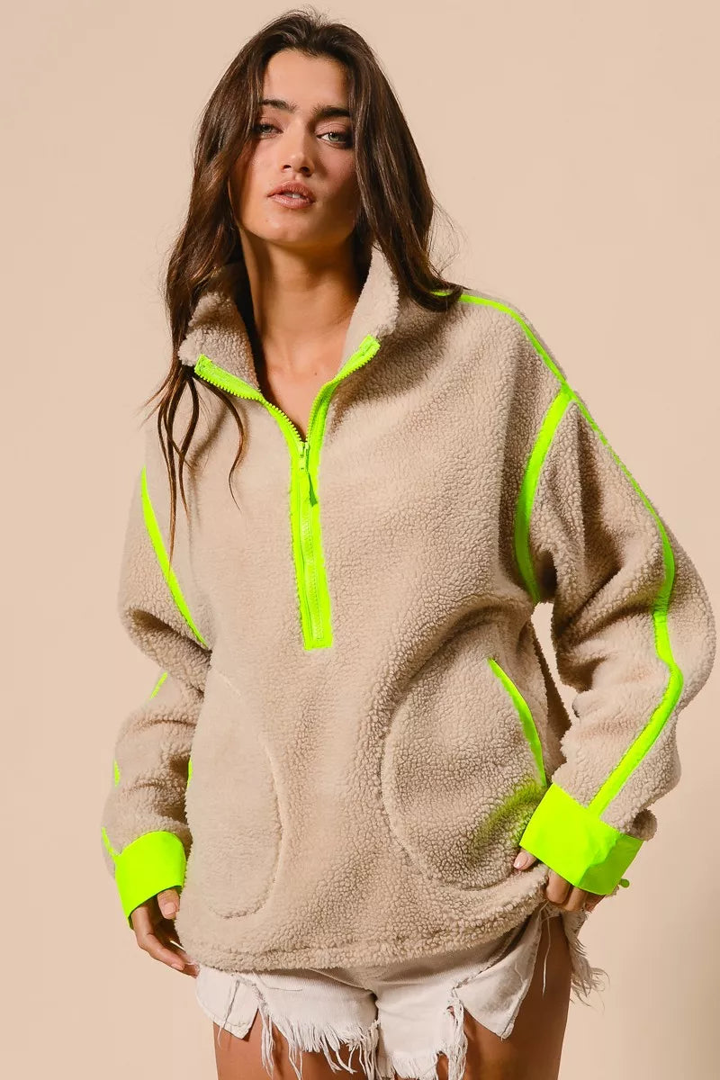 BiBi Contrast Edge Half Zip Up Sherpa Jacket