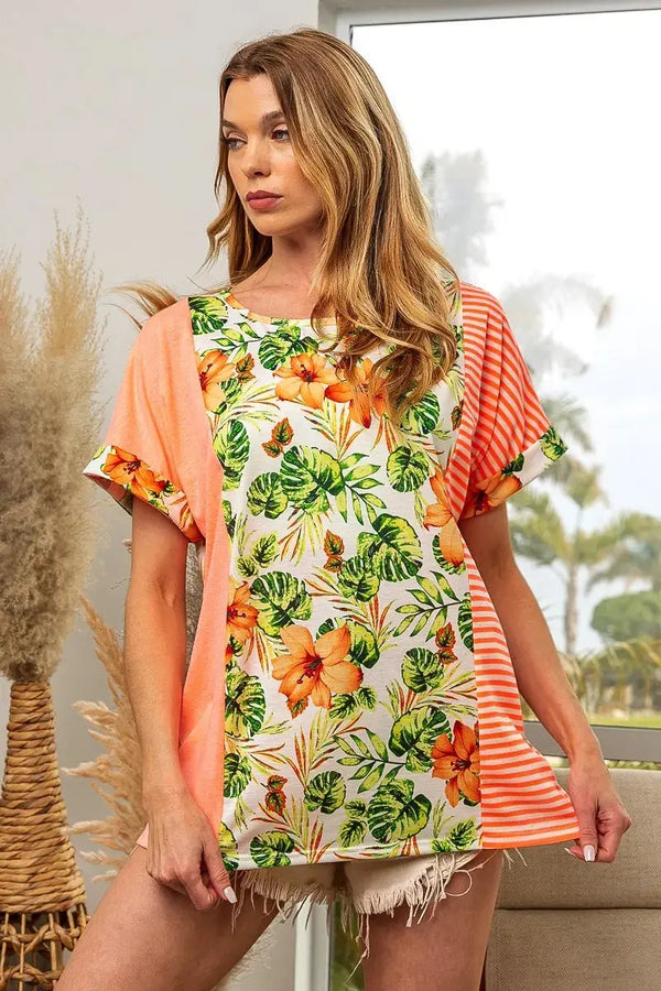 Women's Tee - Floral Stripe Color Block - Casual Style