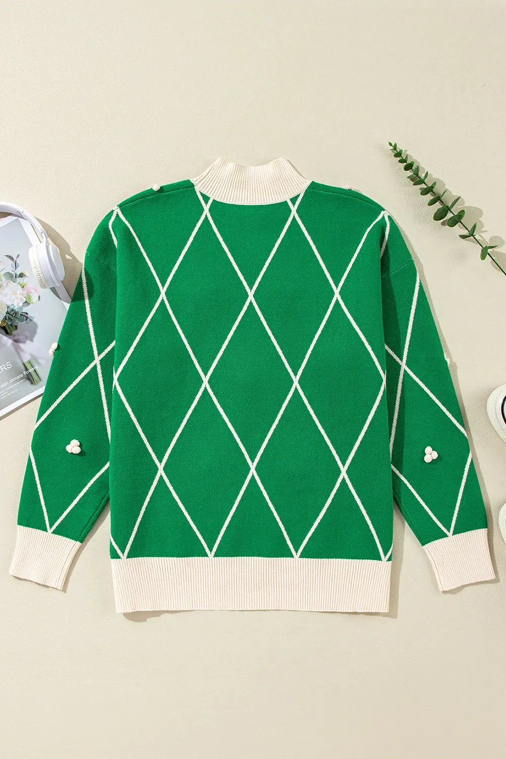 Women's Knit Sweater - Diamond Green Pom Poms - Christmas Casual