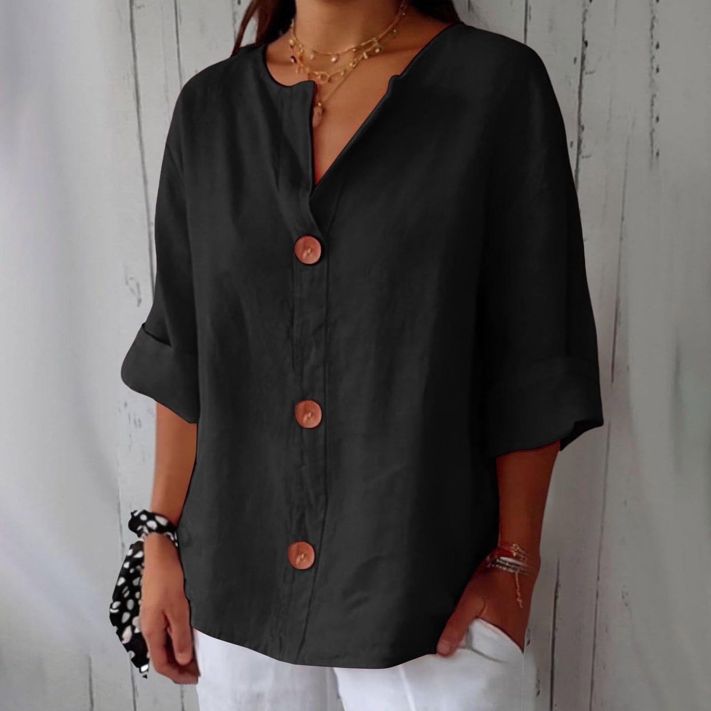 Women's V-Neck Cotton Linen Buttoned Blouse