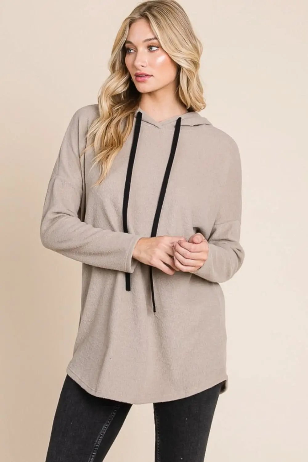 Hoodie Sweatshirt - Contrast Knit Drop Shoulder - Casual Women's