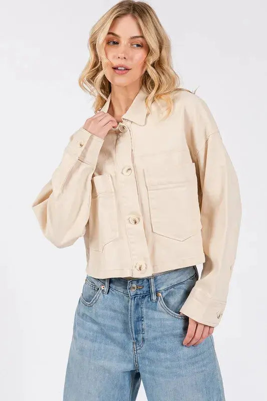 Denim Jacket - Cropped Button Down with Pockets - Cream Women's