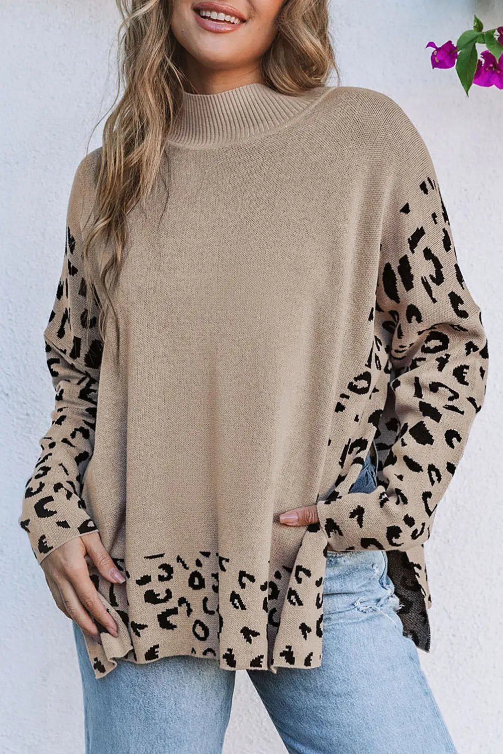 Women's Sweater - Leopard Print High Neck Side Slit - Oversized Daily