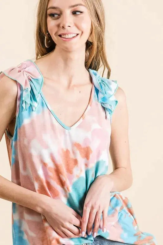 Women's Tank Top - Tie Dye Knit V-Neck Ruffle - Casual