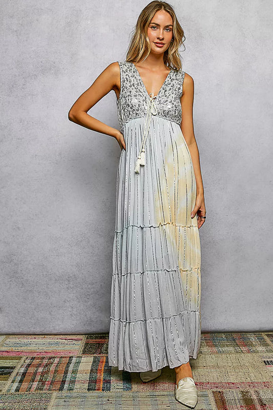 POL Deep V Sleeveless Cotton Bohemian Tiered Maxi Dress
