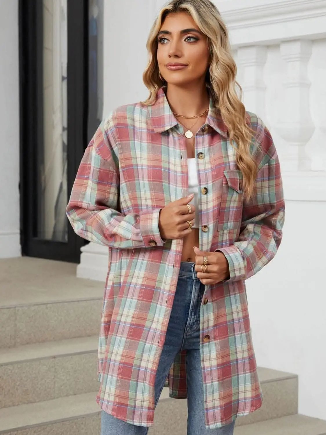 Trendsi Shirts - Plaid collared long sleeve shirt - Premium Quality