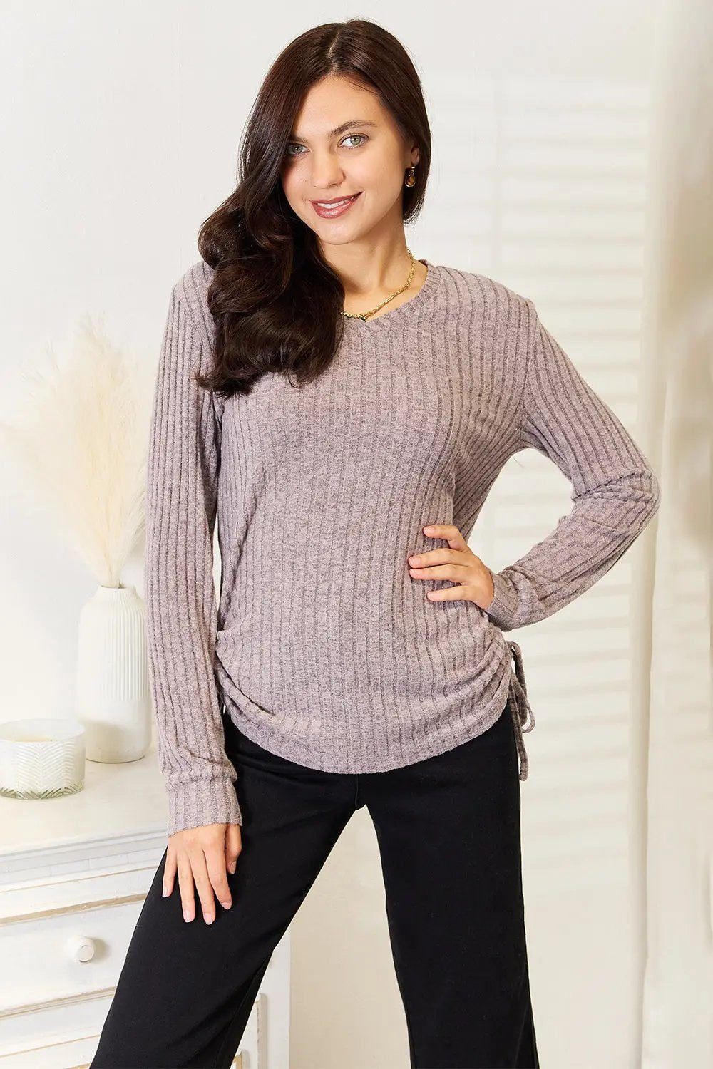 Ribbed Top - Drawstring Detail - Casual Fashion
