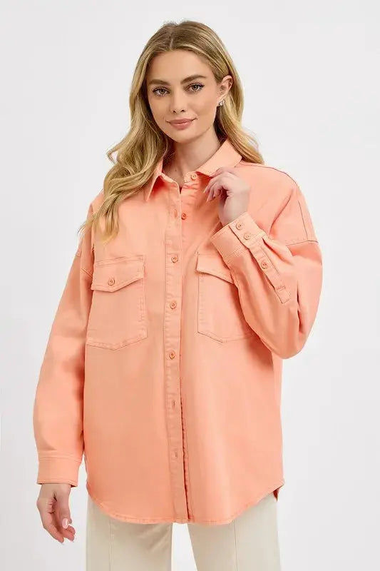 Plus Size Denim Shacket - Button Down - Casual Long Sleeve