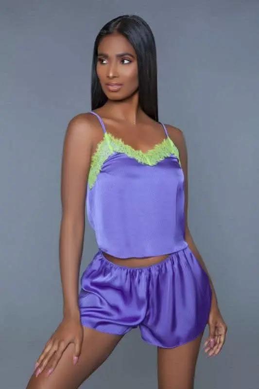 Lingerie Set - Satin Purple/Neon Yellow - Callie