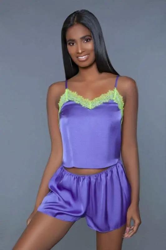 Lingerie Set - Satin Purple/Neon Yellow - Callie