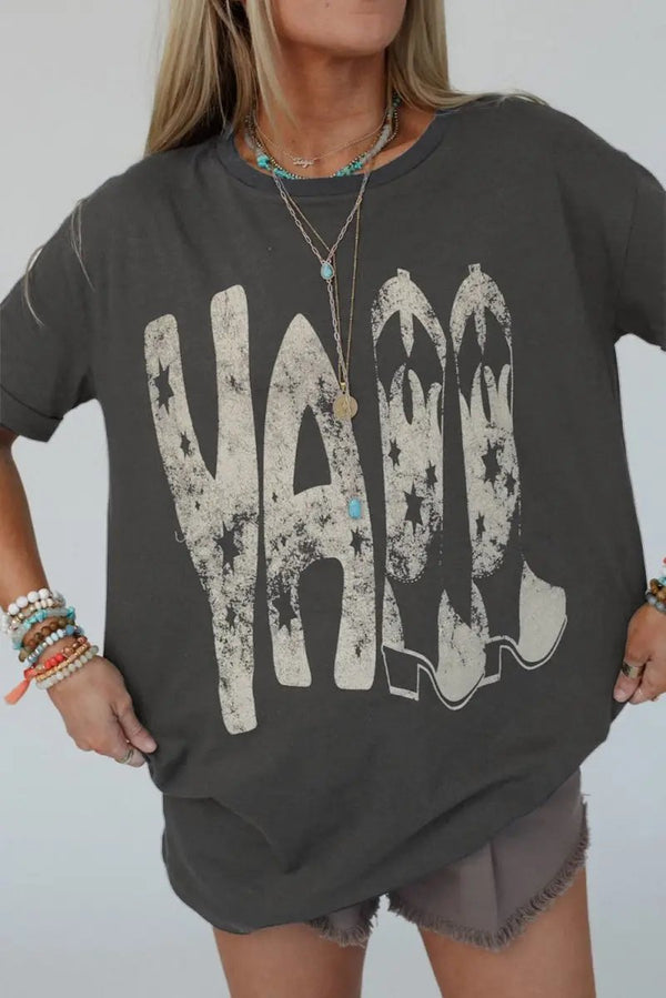 Love Salve Grey Cowboy Boots Graphic Tee Unisex Casual Summer Top