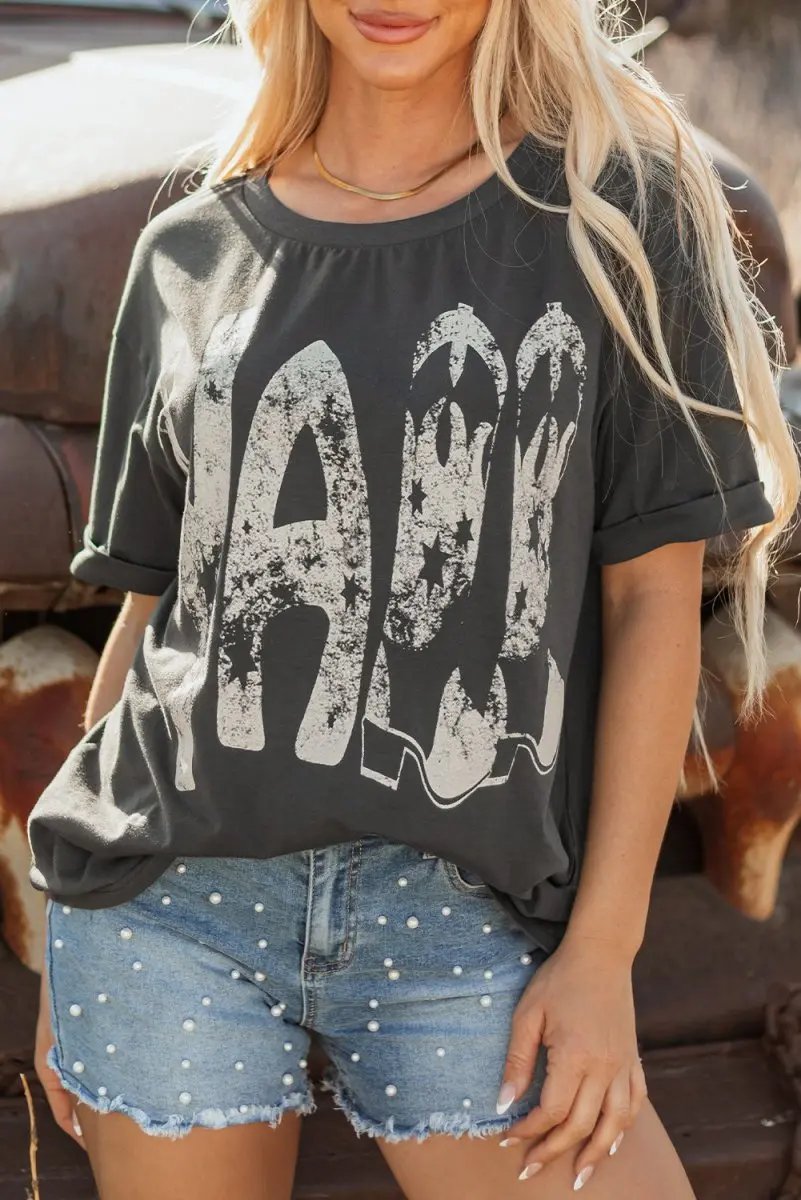 Love Salve Grey Cowboy Boots Graphic Tee Unisex Casual Summer Top