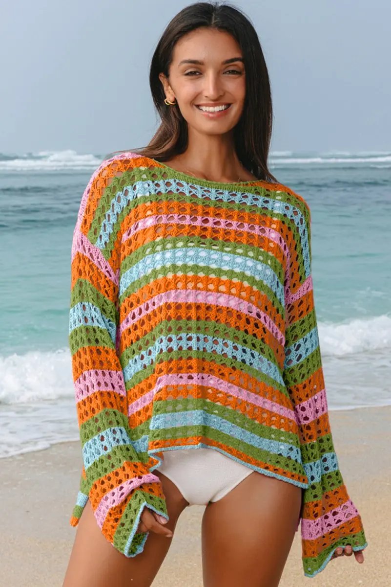 Love Salve Carrot Stripe Women's Beach, Vacation + Crochet Knit Cover Up + Lightweight, Bohemian