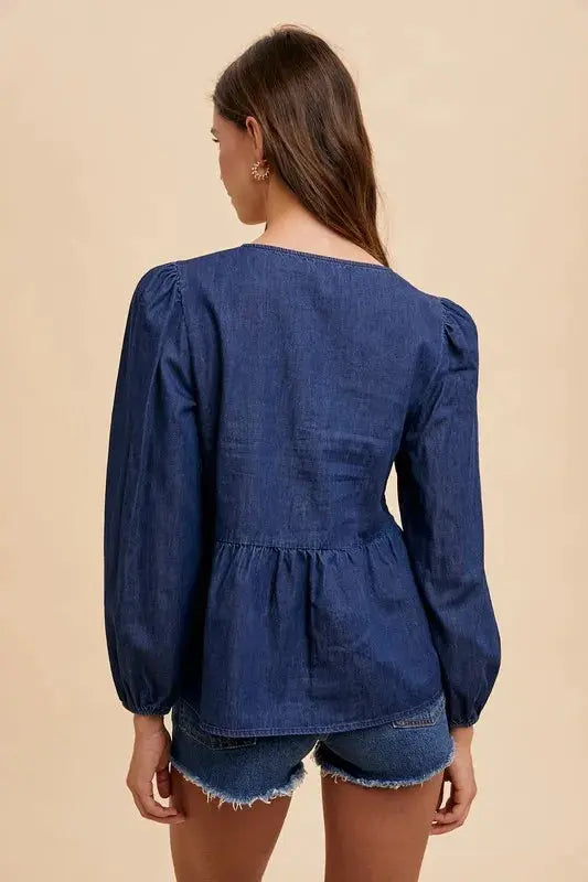 Denim Peplum Top - Navy Blue - Annie Wear Style