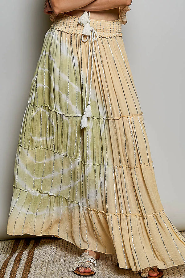 POL Shimmer Tiered Reverse Ruffle Smocked Waist Maxi Skirt
