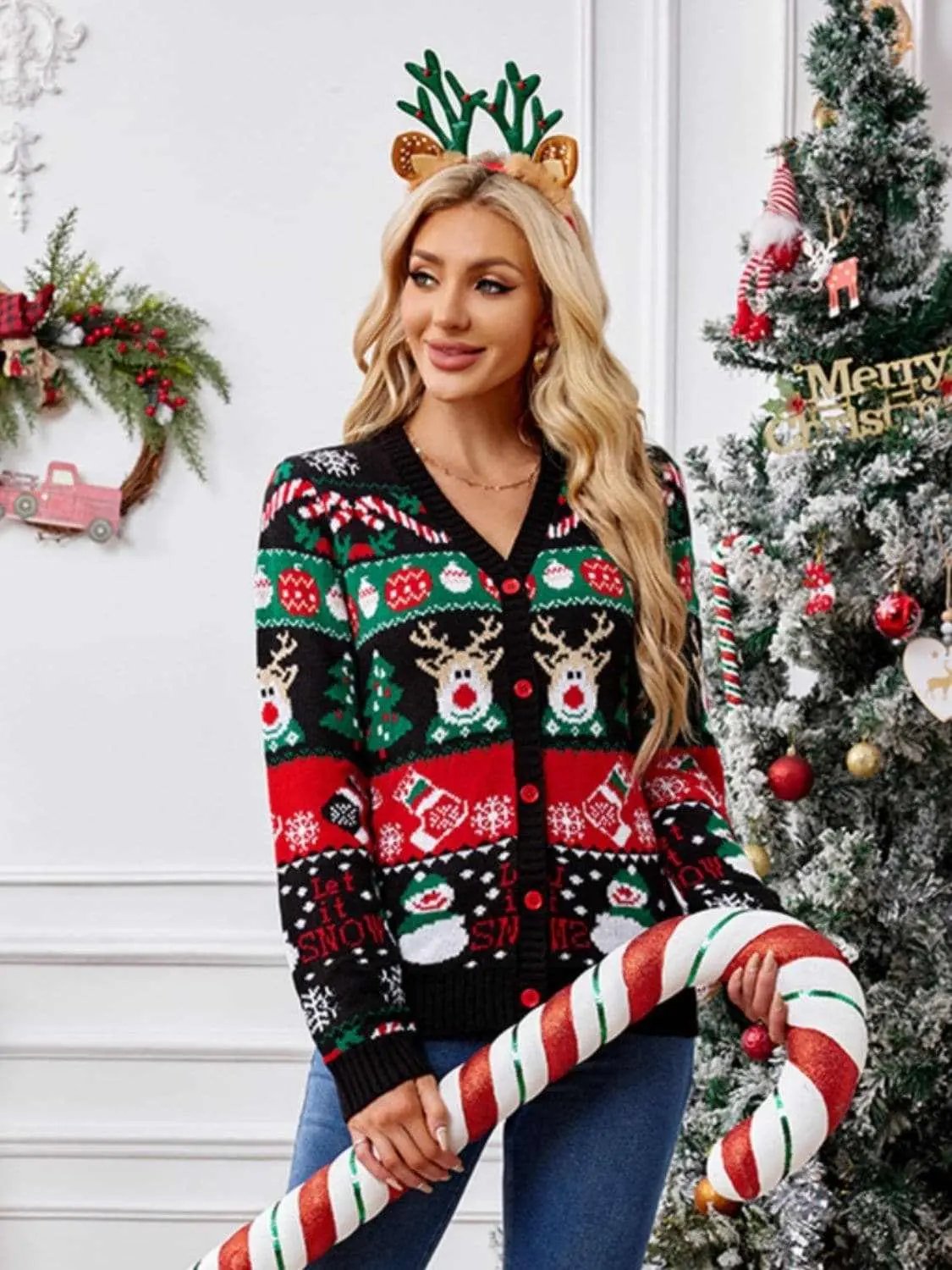 Trendsi Reindeer Print Cardigan for Women