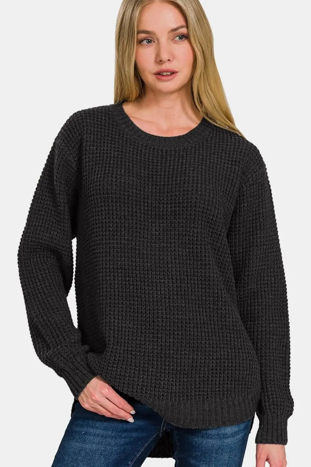 Sweater - High Low Waffle Knit - Casual Comfort