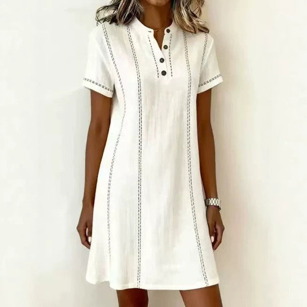 Women's Printed Button-Up Stand Collar Midi Dress – 3/4 Sleeve Loose Fit