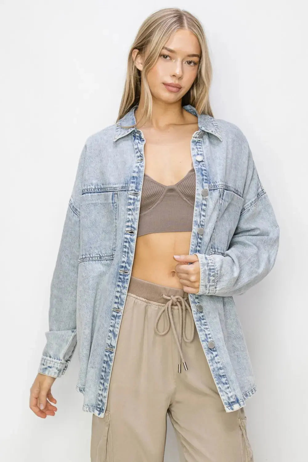Denim Shacket - Button Up Long Sleeve - Casual Style