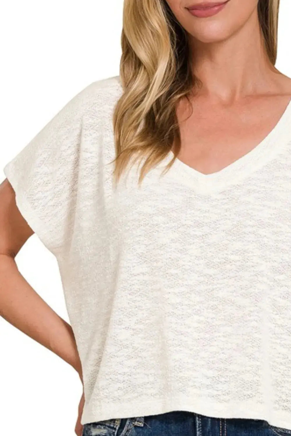 Women's V-Neck Top - Soft & Comfy Hacci - Casual Crop Tee