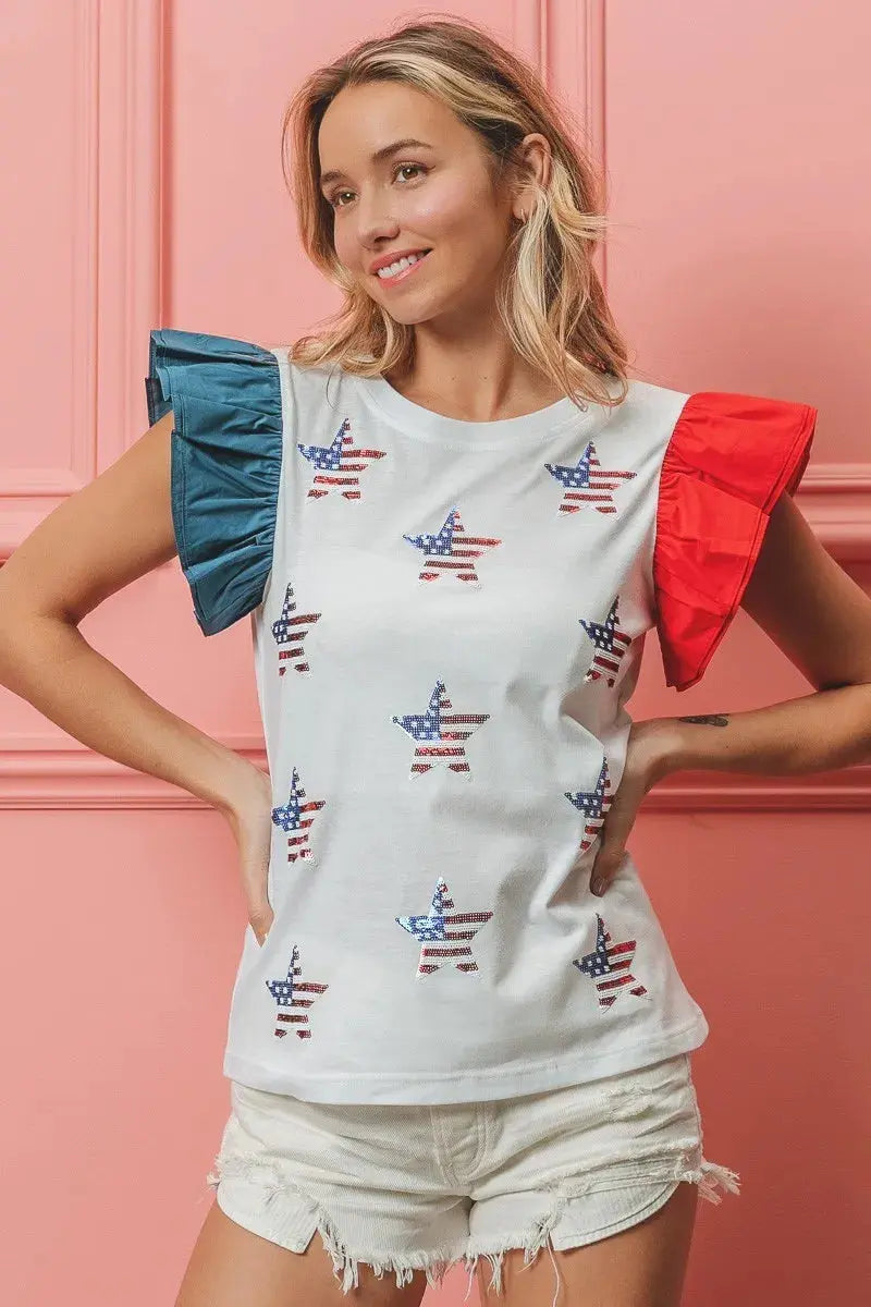 Women's T-Shirt - American Flag Sequin - Sparkly Patriotic Style