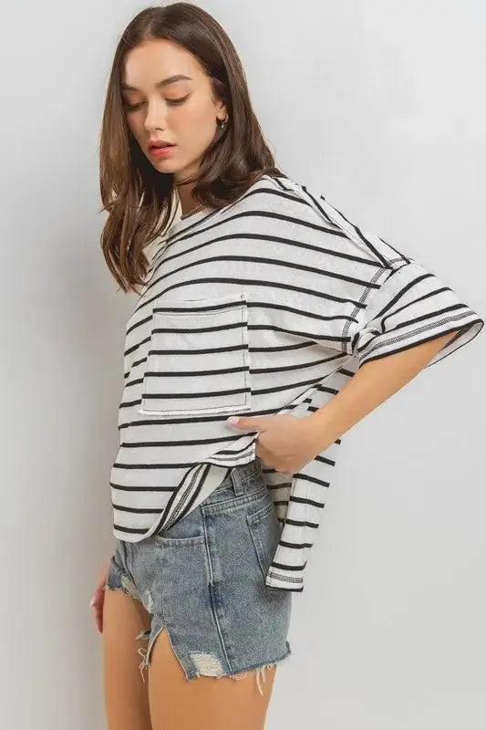 Trendsi Striped Tee Women's Casual Top USA Shipped T-Shirt Soft, Side Slit