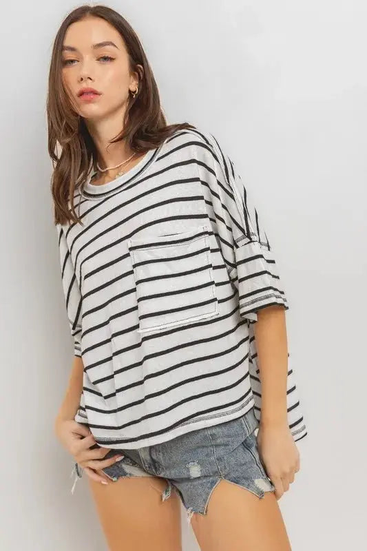 Trendsi Striped Tee Women's Casual Top USA Shipped T-Shirt Soft, Side Slit