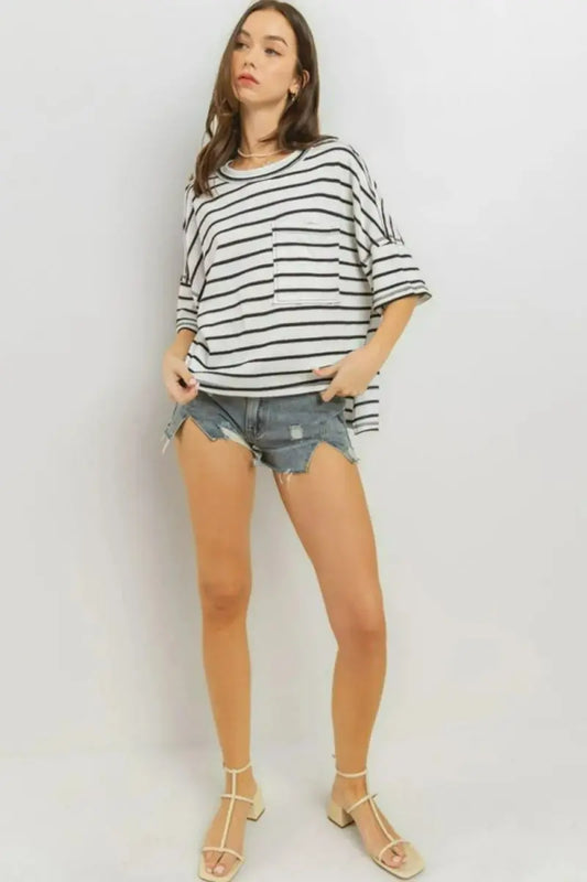 Trendsi Striped Tee Women's Casual Top USA Shipped T-Shirt Soft, Side Slit