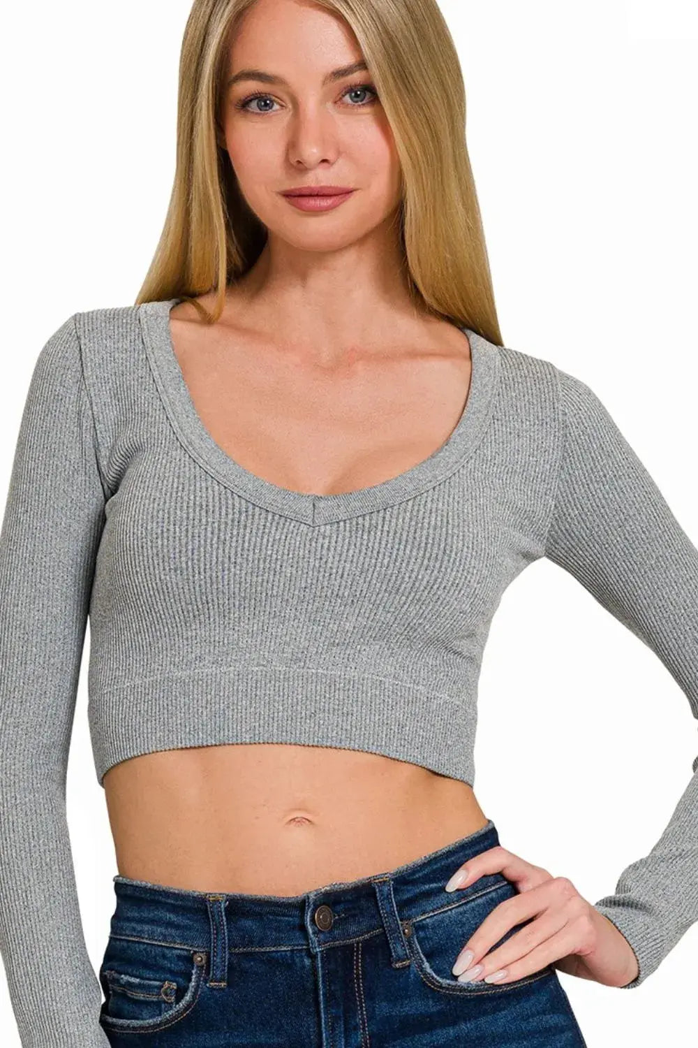 Ribbed Crop Top - V-Neck Long Sleeve - Fitted Tee