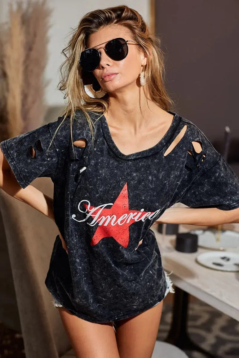 Women's Top - Laser Cut Mineral Wash - Jersey T-Shirt