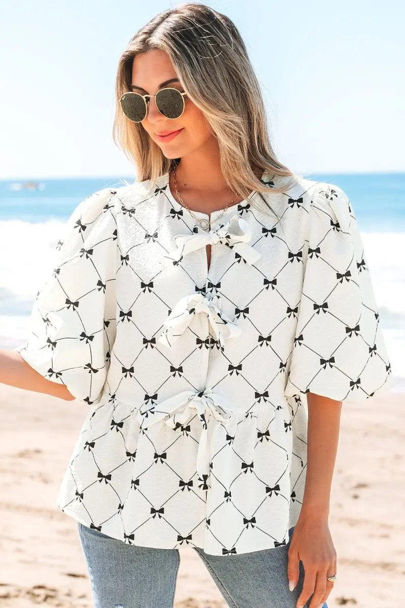 Love Salve White Bowknot Blouse Women's Elegant Top Front Knots Bubble Sleeve