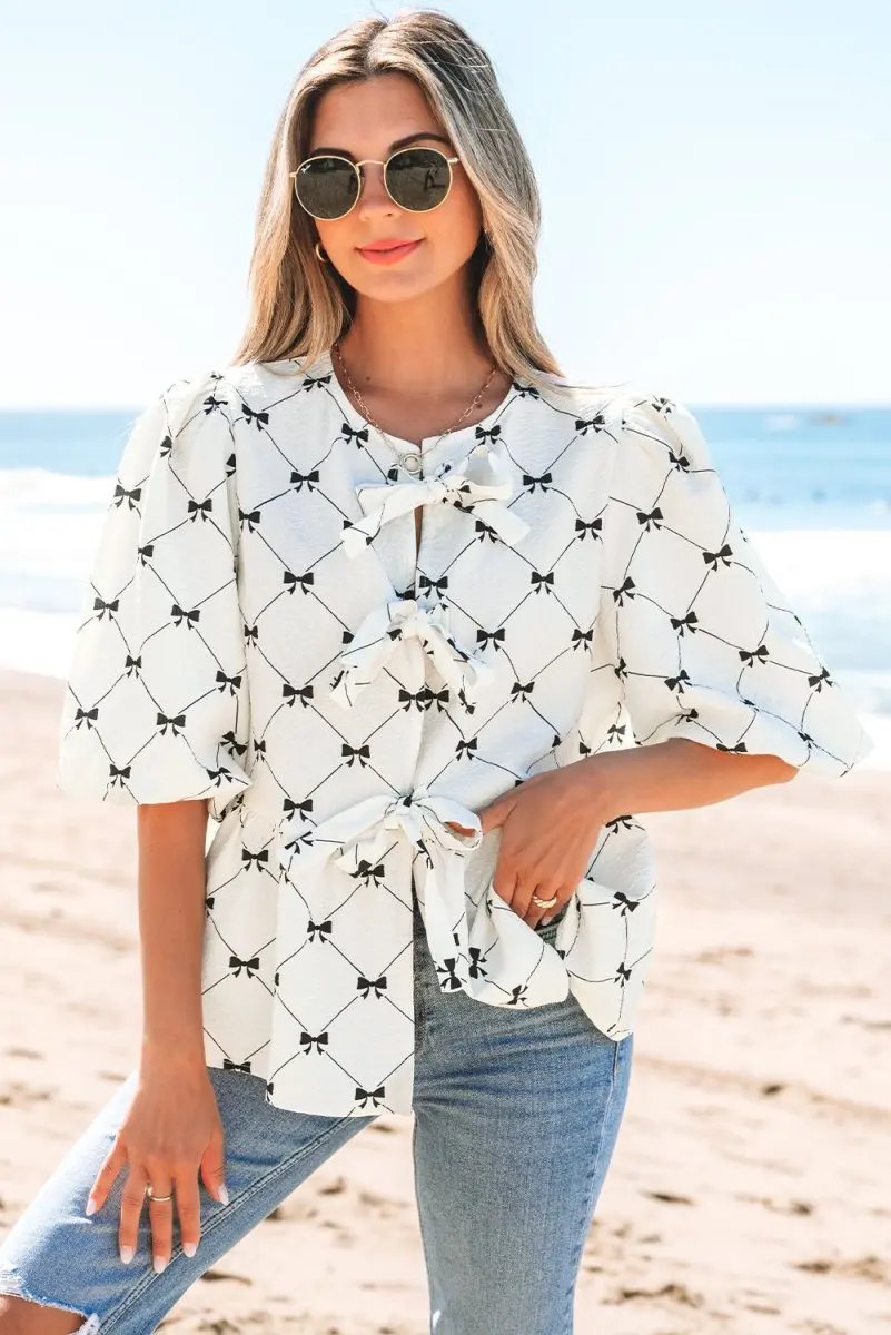 Love Salve White Bowknot Blouse Women's Elegant Top Front Knots Bubble Sleeve