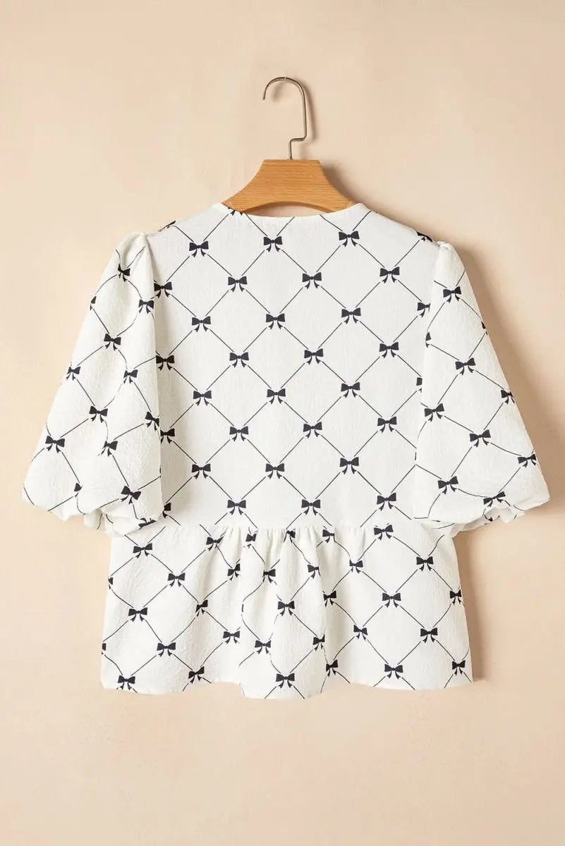 Love Salve White Bowknot Blouse Women's Elegant Top Front Knots Bubble Sleeve