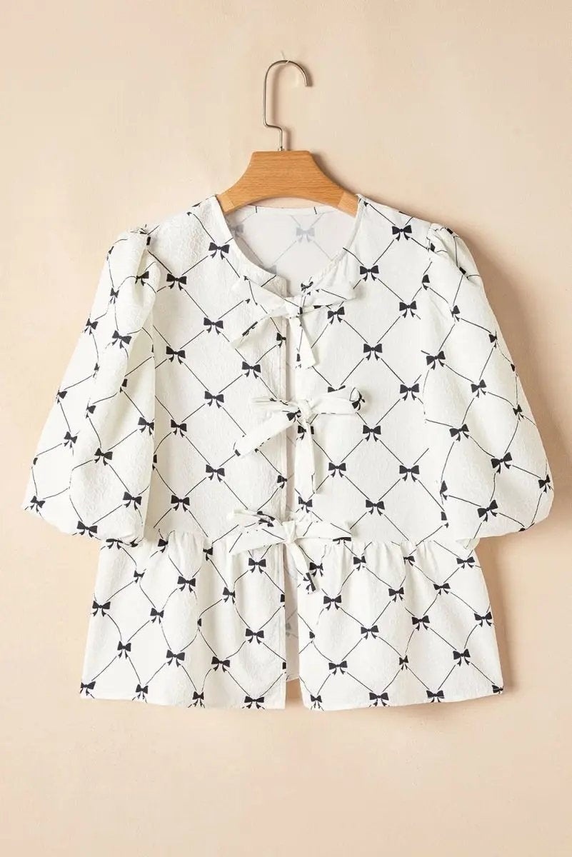 Love Salve White Bowknot Blouse Women's Elegant Top Front Knots Bubble Sleeve