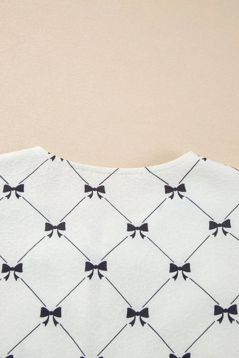 Love Salve White Bowknot Blouse Women's Elegant Top Front Knots Bubble Sleeve