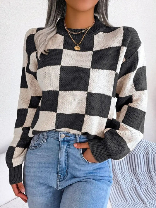 Trendsi Checkered Sweater Women's Fall Fashion Long Sleeve Mock Neck Acrylic Knit Top