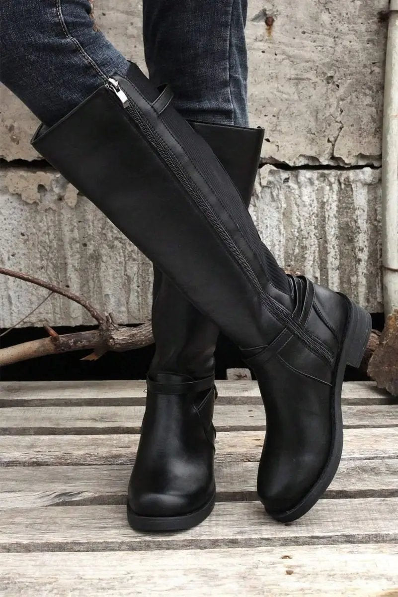 Love Salve Black Faux Leather Women's Knee-High Boots Western Style + Chunky Heel