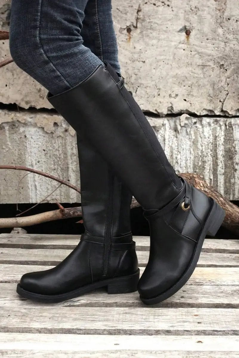 Love Salve Black Faux Leather Women's Knee-High Boots Western Style + Chunky Heel