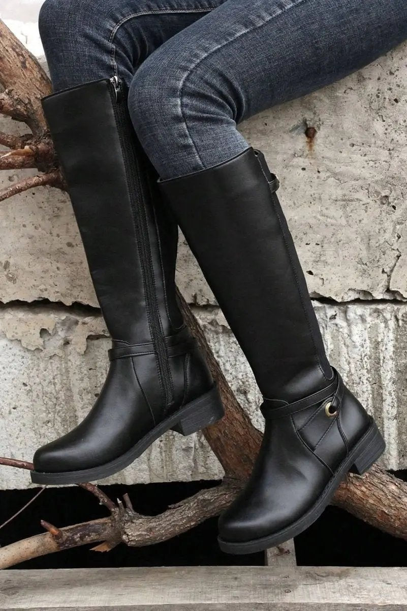 Love Salve Black Faux Leather Women's Knee-High Boots Western Style + Chunky Heel
