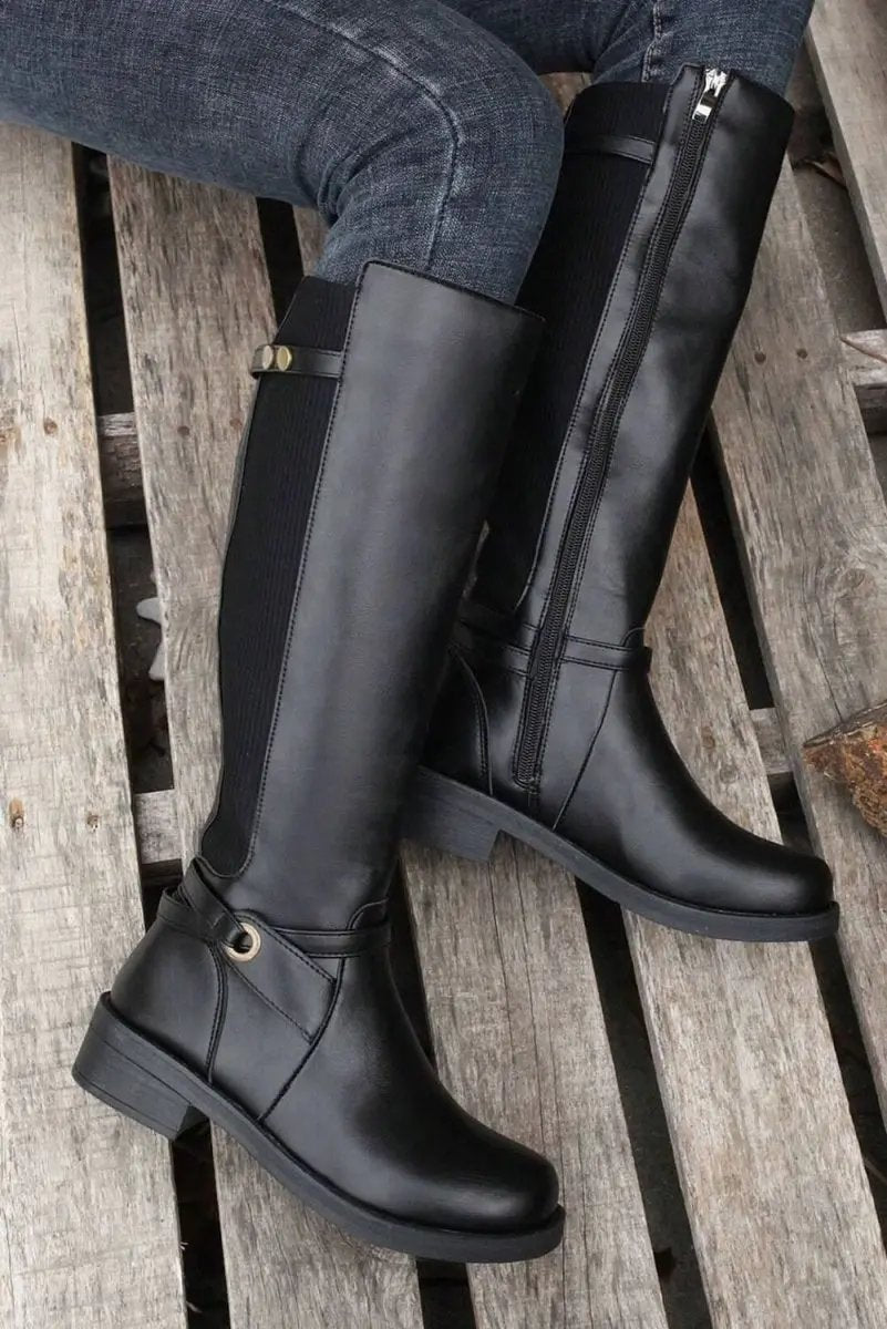 Love Salve Black Faux Leather Women's Knee-High Boots Western Style + Chunky Heel