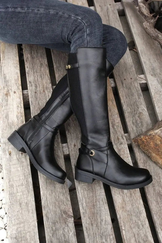 Love Salve Black Faux Leather Women's Knee-High Boots Western Style + Chunky Heel
